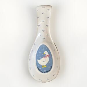 NEW Vtg 80s Porcelain Duck Spoonrest “Happiness is Homemade” Cottage Core Blue